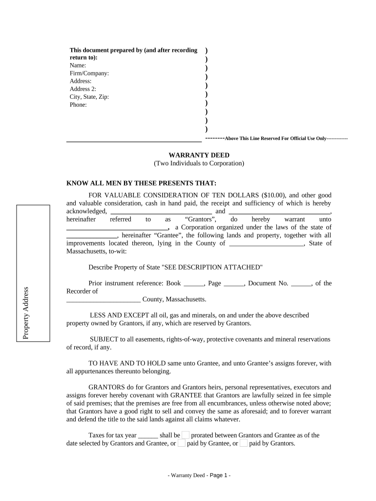 Warranty Deed from Two Individuals to Corporation Massachusetts  Form