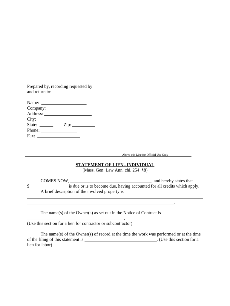 Statement of Lien by Individual Massachusetts  Form