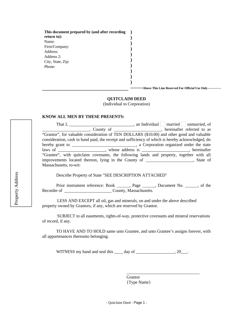 Quitclaim Deed from Individual to Corporation Massachusetts  Form