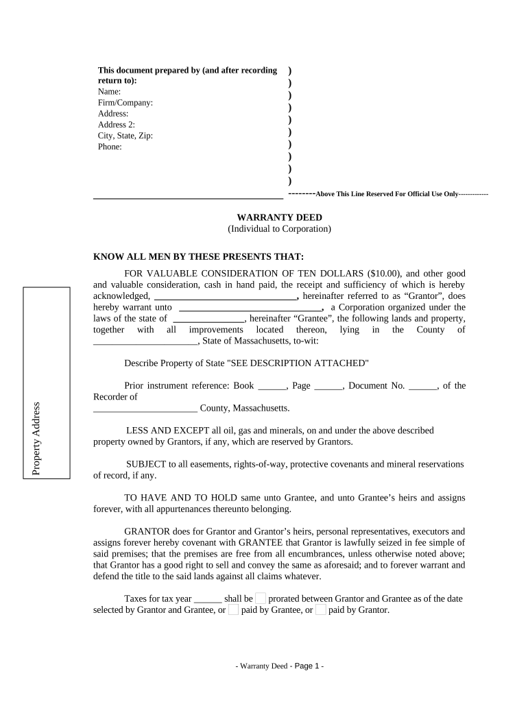 Warranty Deed from Individual to Corporation Massachusetts  Form