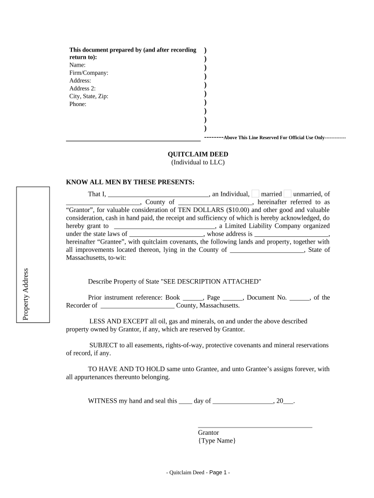 Massachusetts Quitclaim Deed  Form