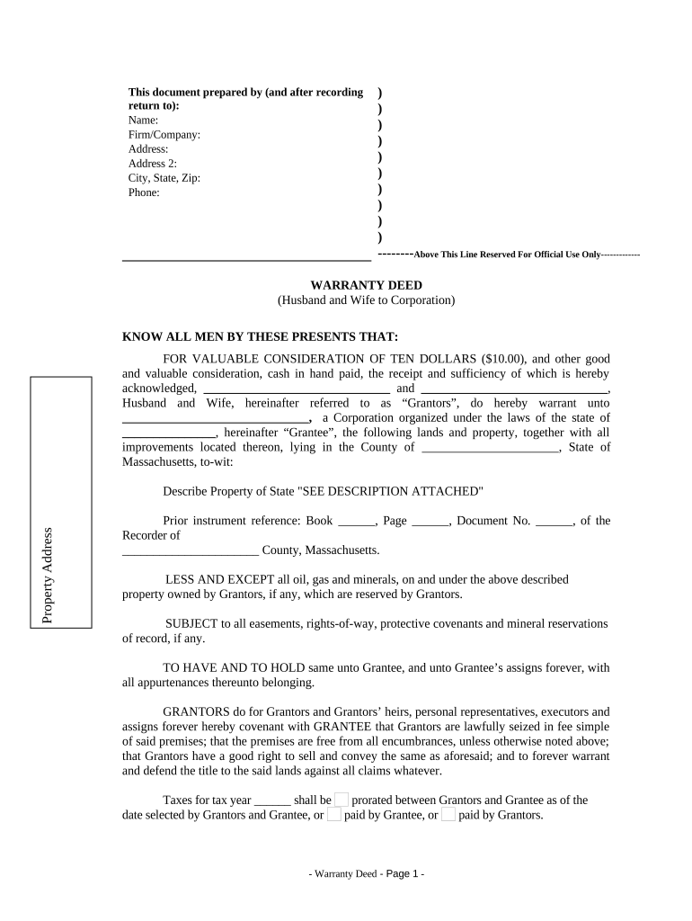 Warranty Deed from Husband and Wife to Corporation Massachusetts  Form