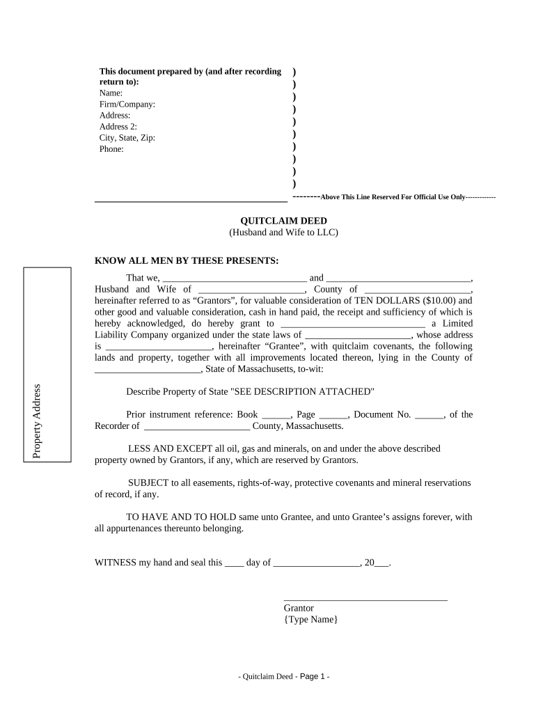 Quitclaim Deed from Husband and Wife to LLC Massachusetts  Form