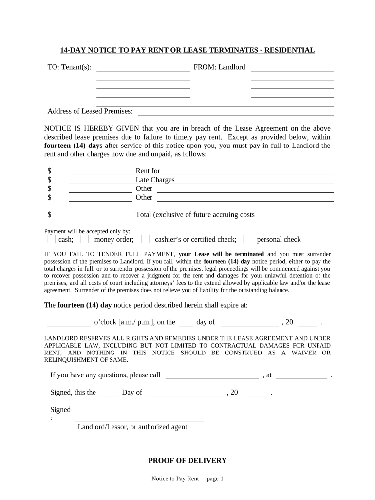 14 Day Notice to Pay Rent or Lease Terminated for Residential Property Massachusetts  Form