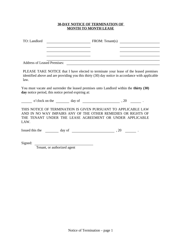 31 Day Notice to Terminate Month to Month Lease from Tenant to Landlord Massachusetts  Form