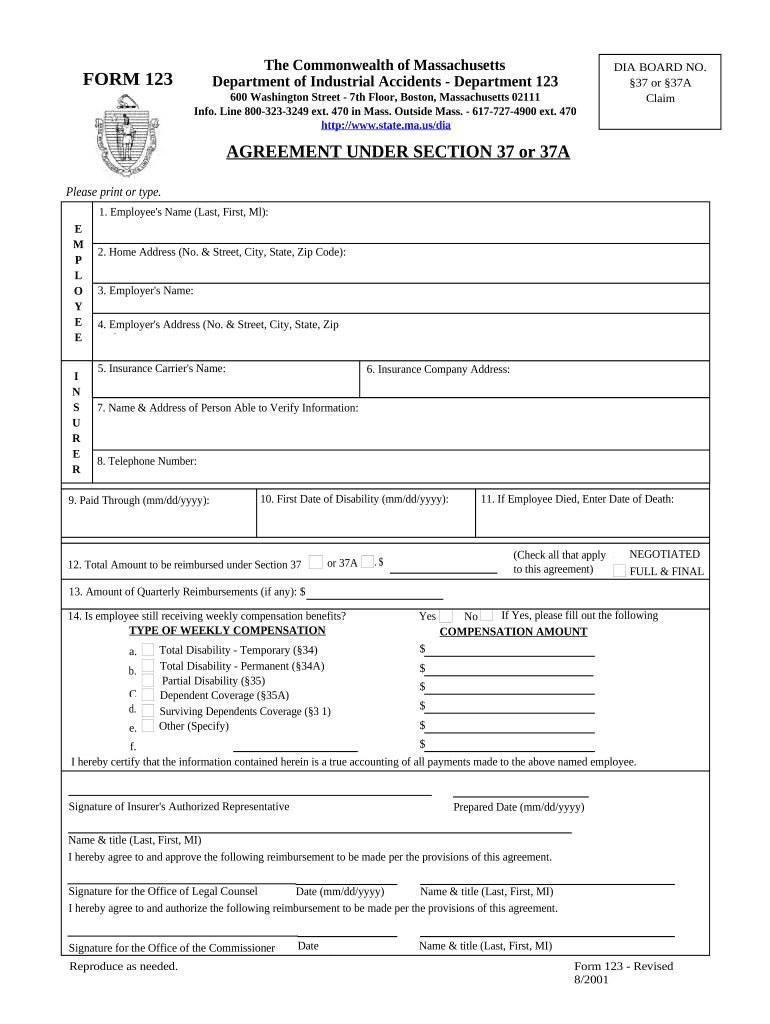 Agreement under 37 37a for Workers' Compensation Massachusetts  Form