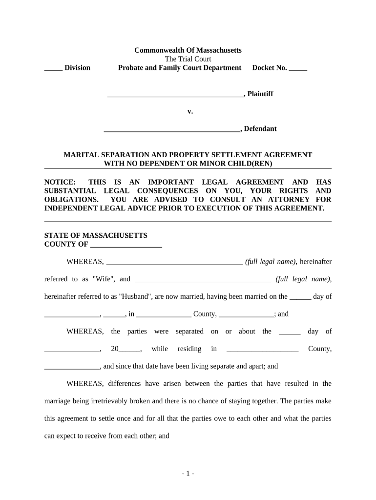 Marital Domestic Separation and Property Settlement Agreement Adult Children Massachusetts  Form