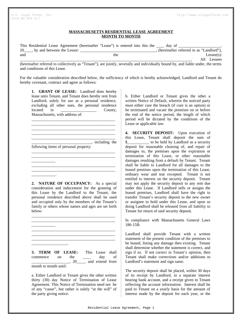 Residential Lease or Rental Agreement for Month to Month Massachusetts  Form