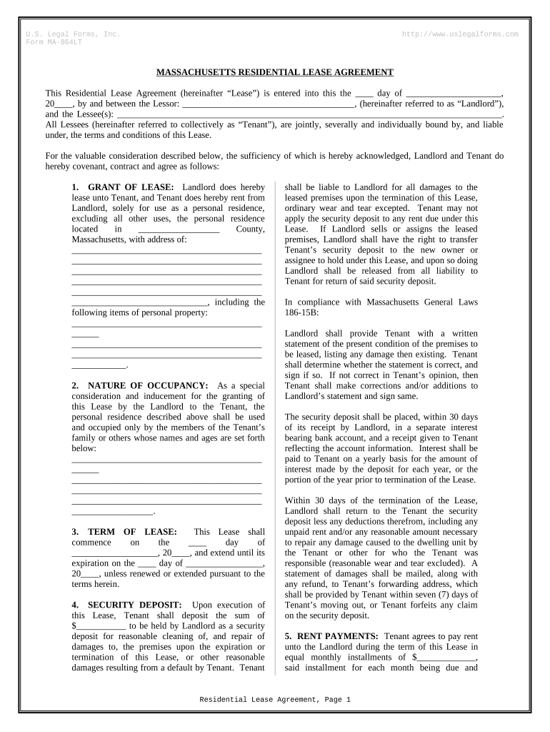 Residential Rental Lease Agreement Massachusetts  Form