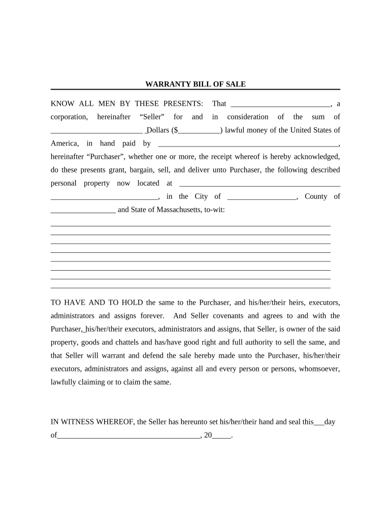Bill of Sale with Warranty for Corporate Seller Massachusetts  Form