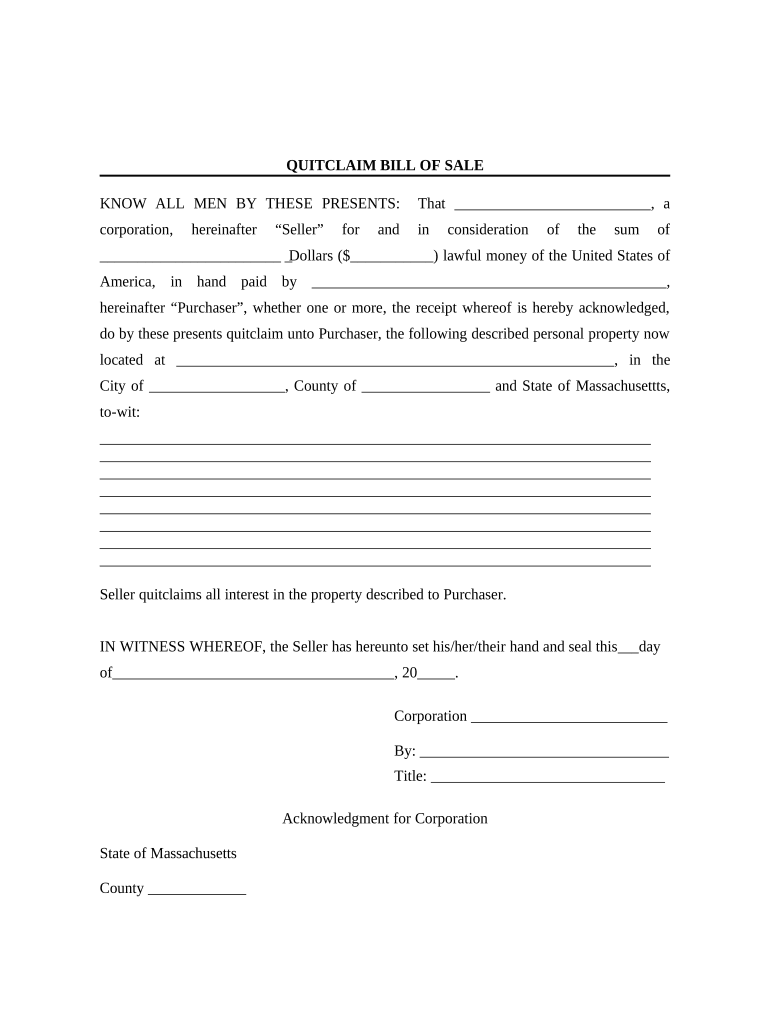 Bill of Sale Without Warranty by Corporate Seller Massachusetts  Form