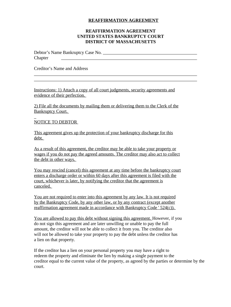 Massachusetts Reaffirmation Agreement  Form