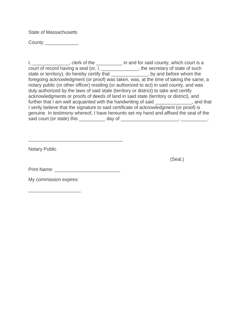 Acknowledgment of Authority of Officer Massachusetts  Form