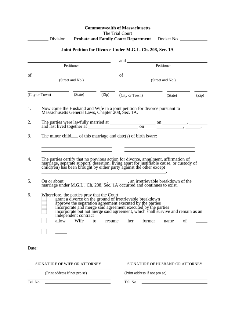 Massachusetts Joint Petition Divorce  Form