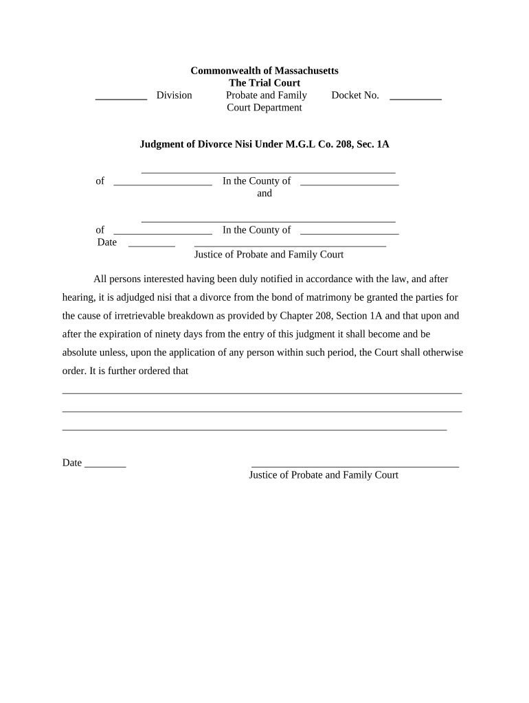 Massachusetts Divorce Order  Form