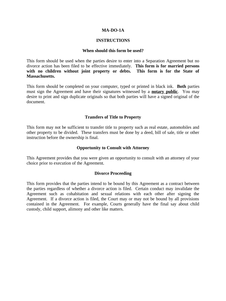 Marital Domestic Separation and Property Settlement Agreement for Persons with No Children, No Joint Property, or Debts Effectiv  Form