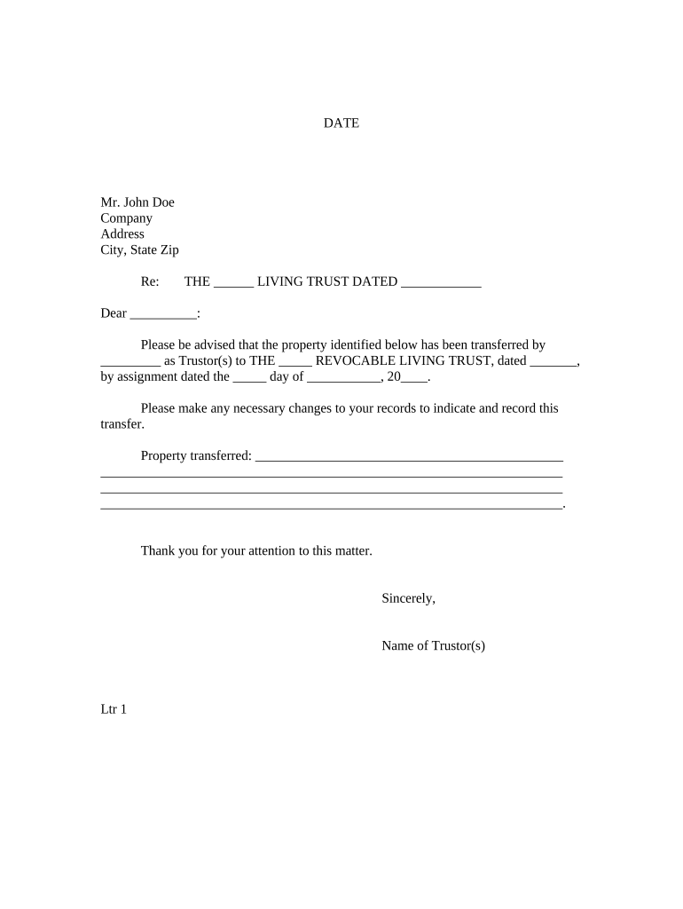 Letter to Lienholder to Notify of Trust Massachusetts  Form
