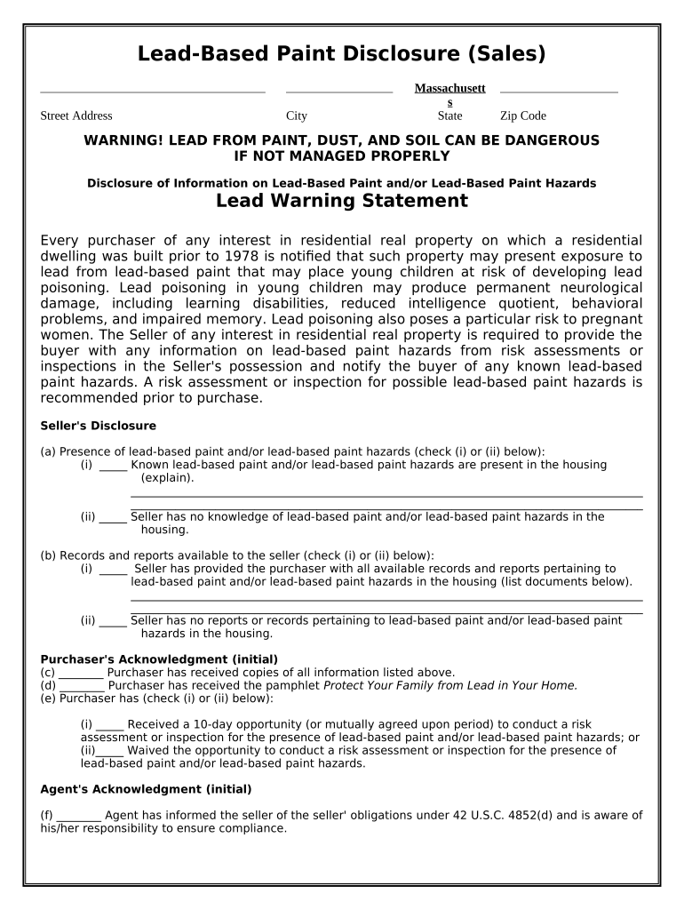 Lead Based Paint Disclosure for Sales Transaction Massachusetts  Form