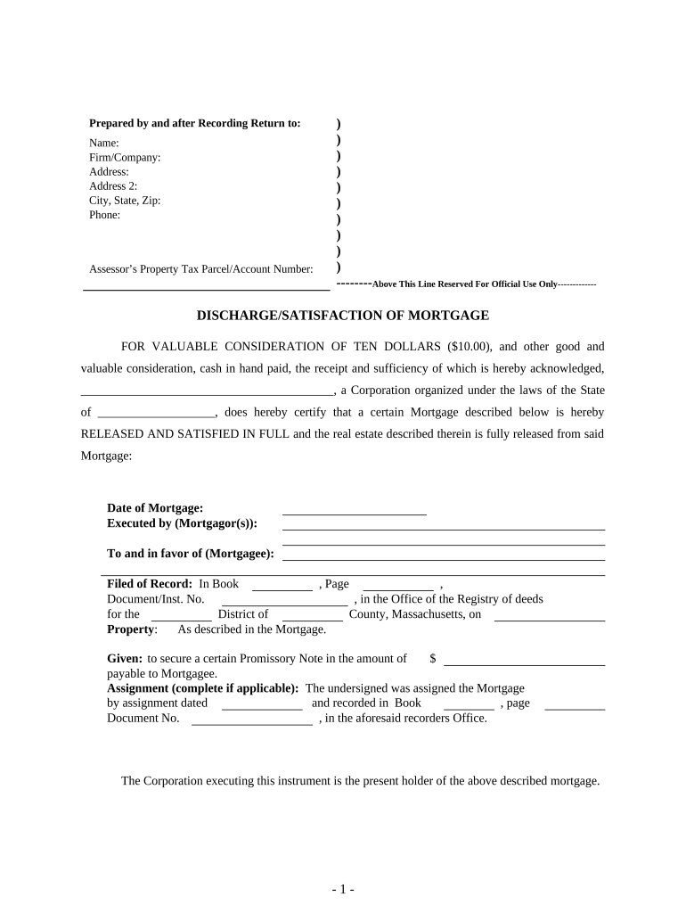 Satisfaction, Release or Cancellation of Mortgage by Corporation Massachusetts  Form