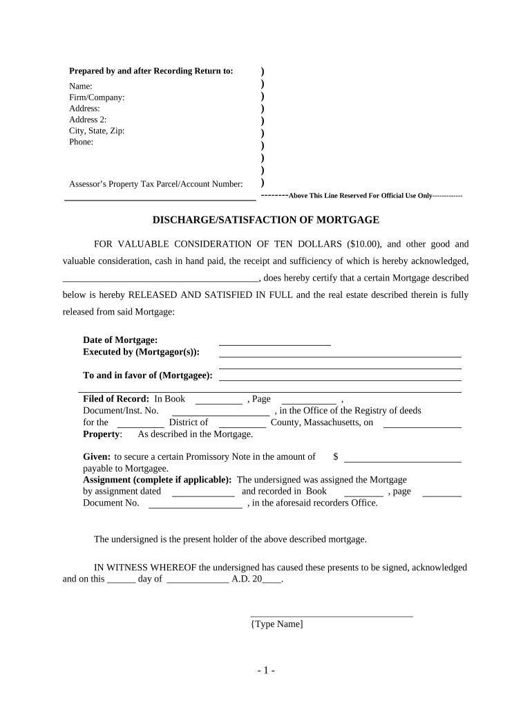 Satisfaction, Release or Cancellation of Mortgage by Individual Massachusetts  Form