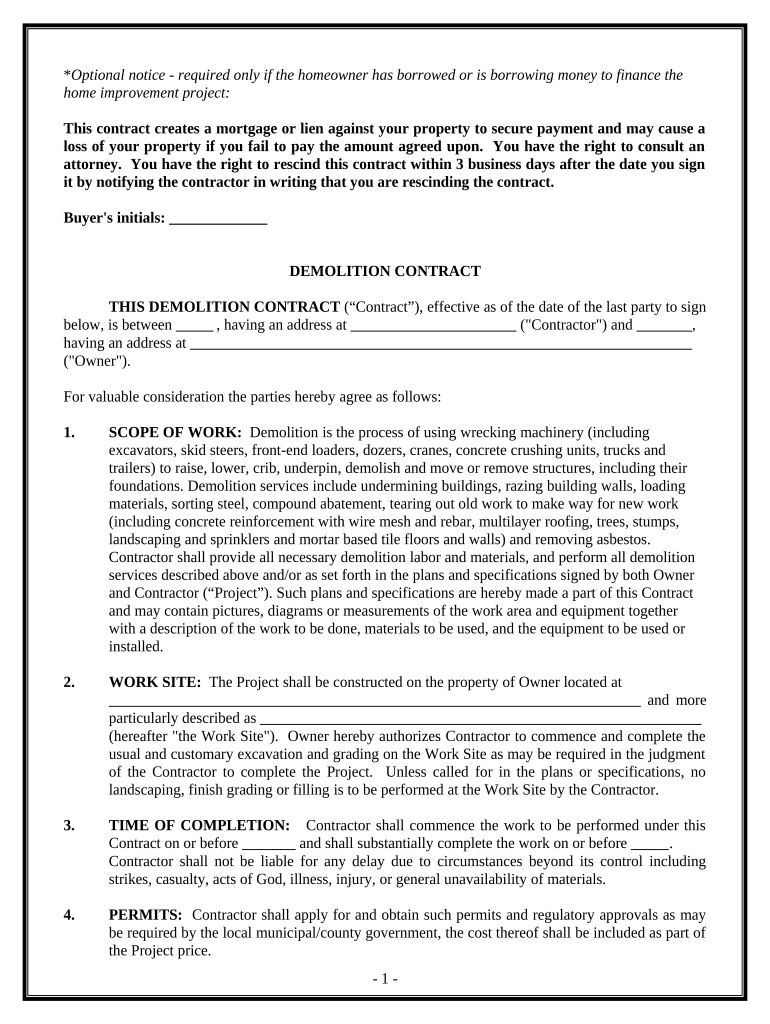 Demolition Contract for Contractor Maryland  Form