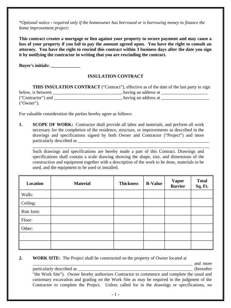 Insulation Contract for Contractor Maryland  Form