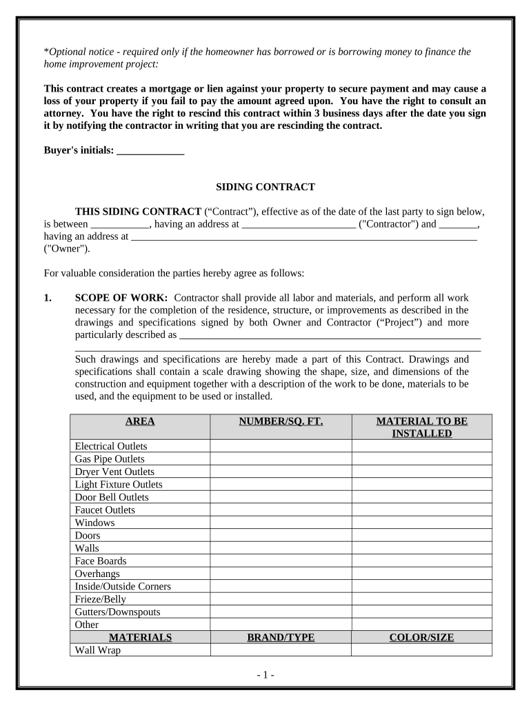 Siding Contract for Contractor Maryland  Form