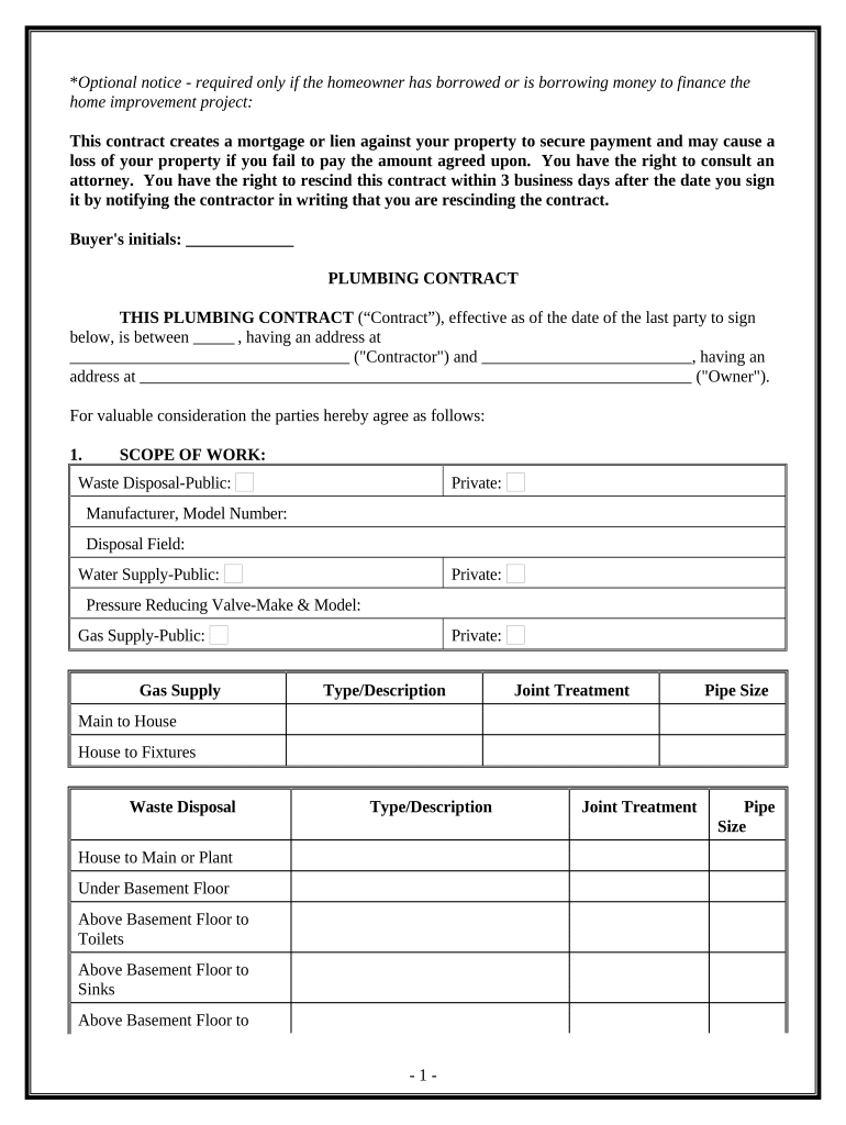 Plumbing Contract for Contractor Maryland  Form