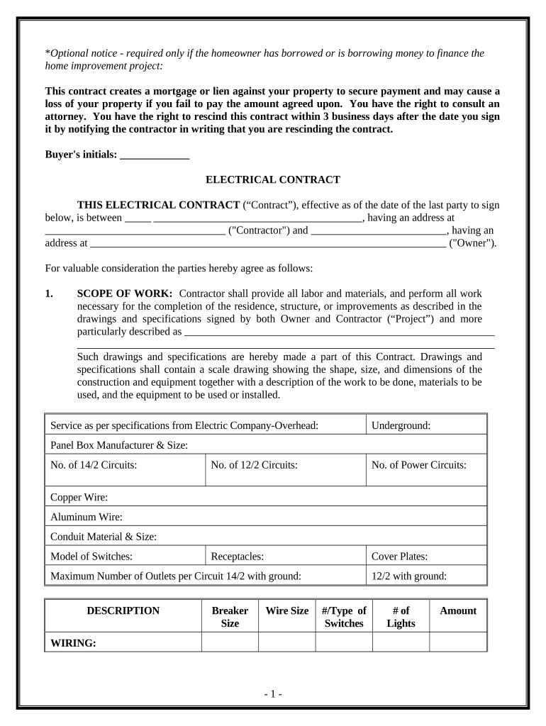Electrical Contract for Contractor Maryland  Form