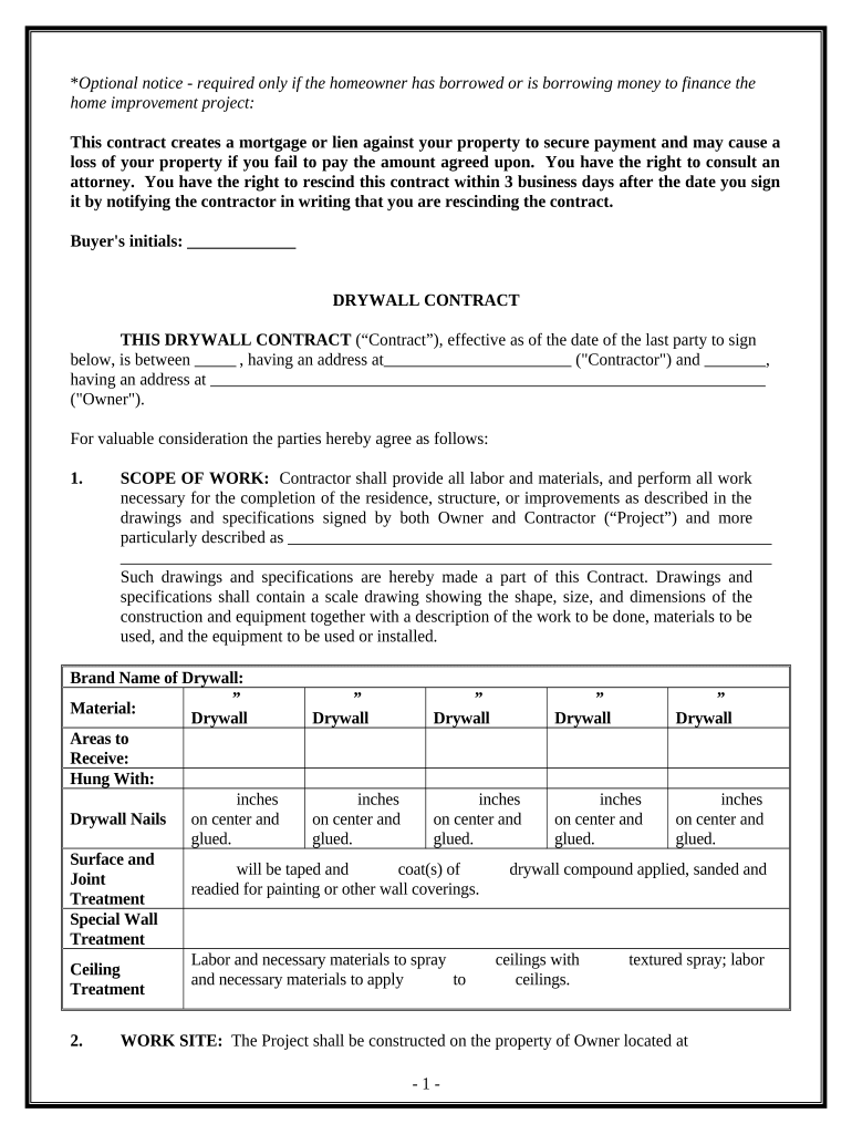 Sheetrock Drywall Contract for Contractor Maryland  Form