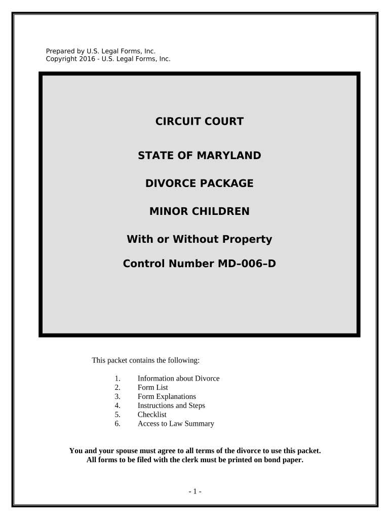 No Fault Agreed Uncontested Divorce Package for Dissolution of Marriage for People with Minor Children Maryland  Form