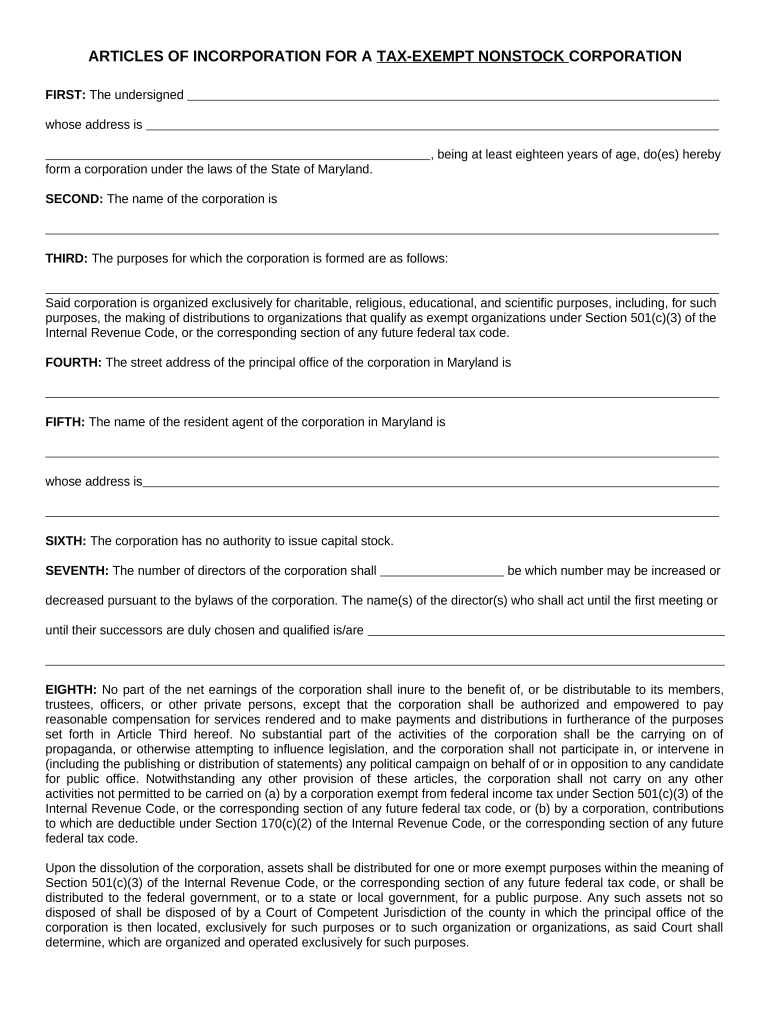 Maryland Nonstock Corporation  Form