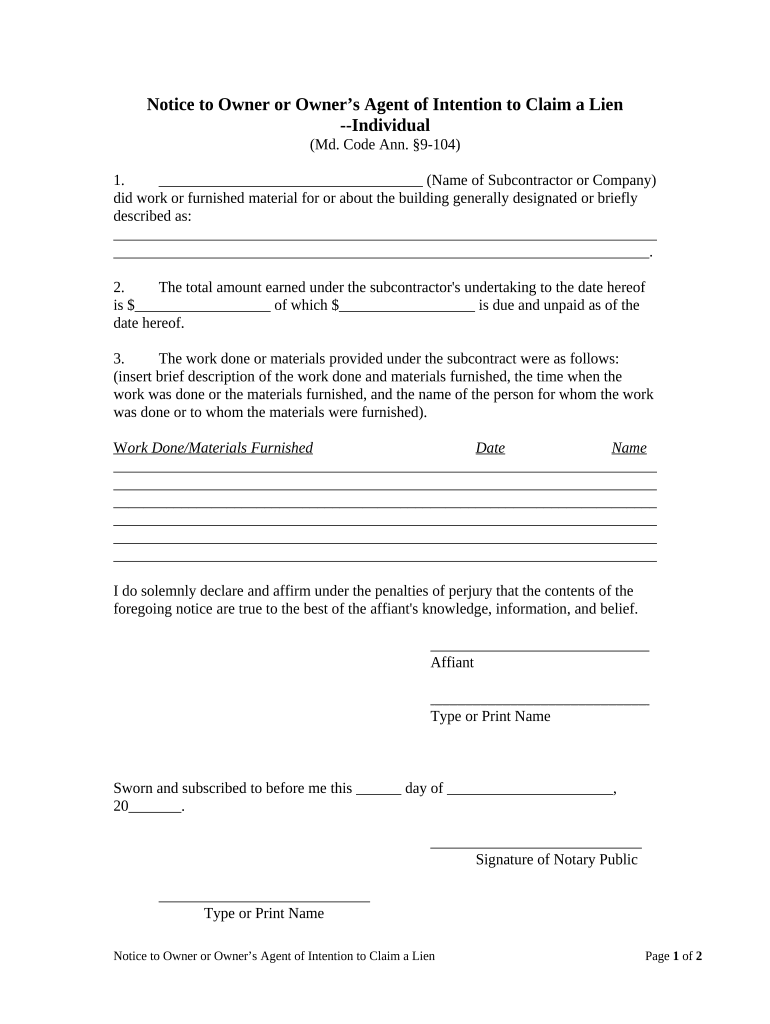 Maryland Notice Lien  Form