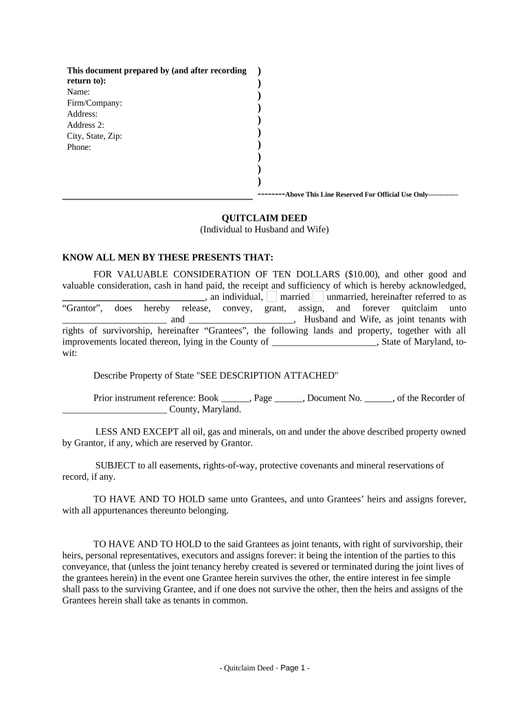 Quitclaim Deed from Individual to Husband and Wife Maryland  Form