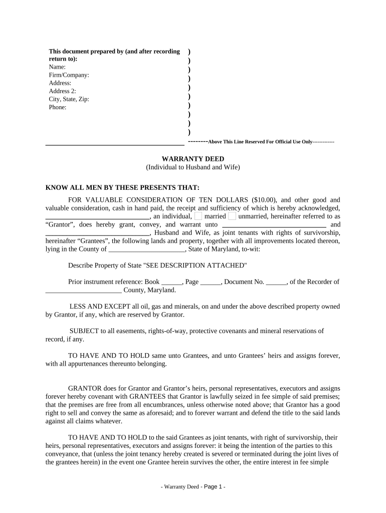 Warranty Deed from Individual to Husband and Wife Maryland  Form