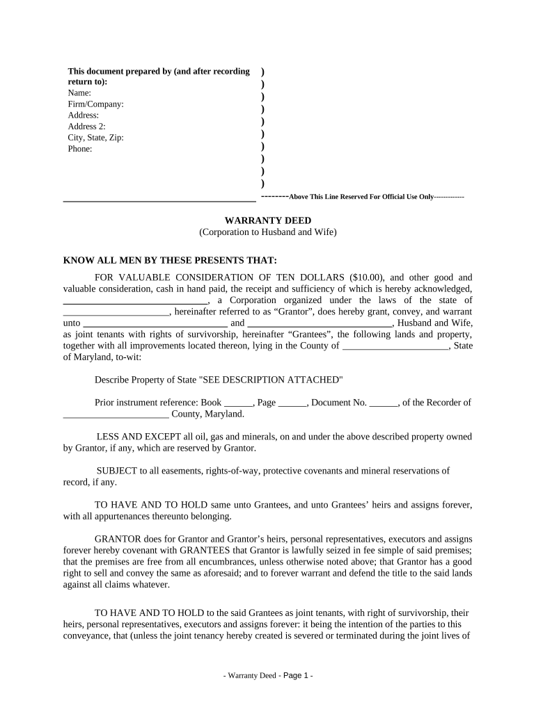 Warranty Deed from Corporation to Husband and Wife Maryland  Form