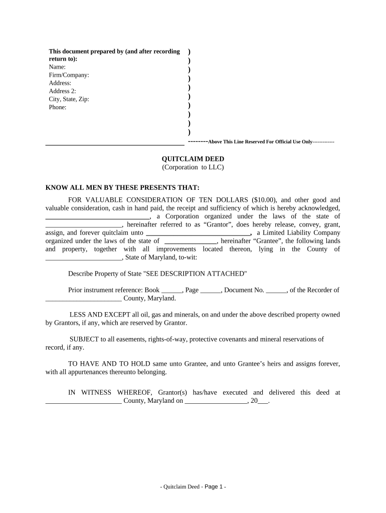 Quitclaim Deed from Corporation to LLC Maryland  Form