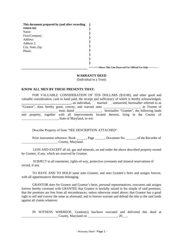 Warranty Deed from Individual to a Trust Maryland  Form