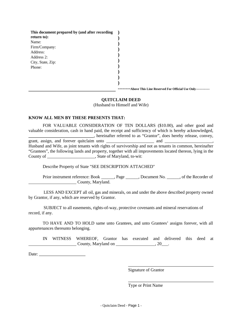 Quitclaim Deed from Husband to Himself and Wife Maryland  Form