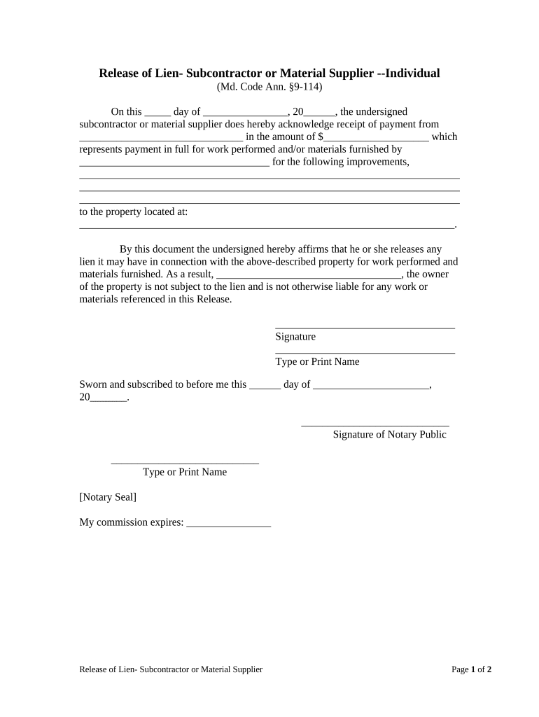 Release Lien Maryland  Form