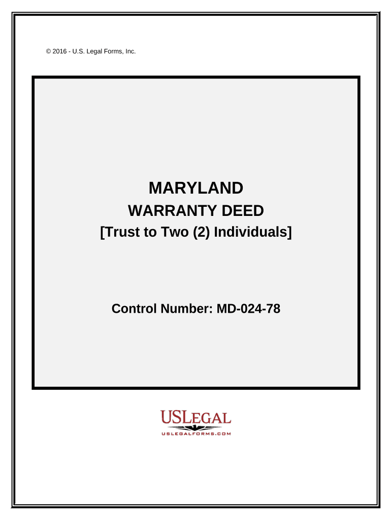Warranty Deed from Trust to Two 2 Individuals Maryland  Form