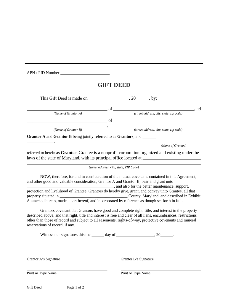 Gift Deed from Two Grantors to a Non Profit Corporation as Grantee Maryland Form