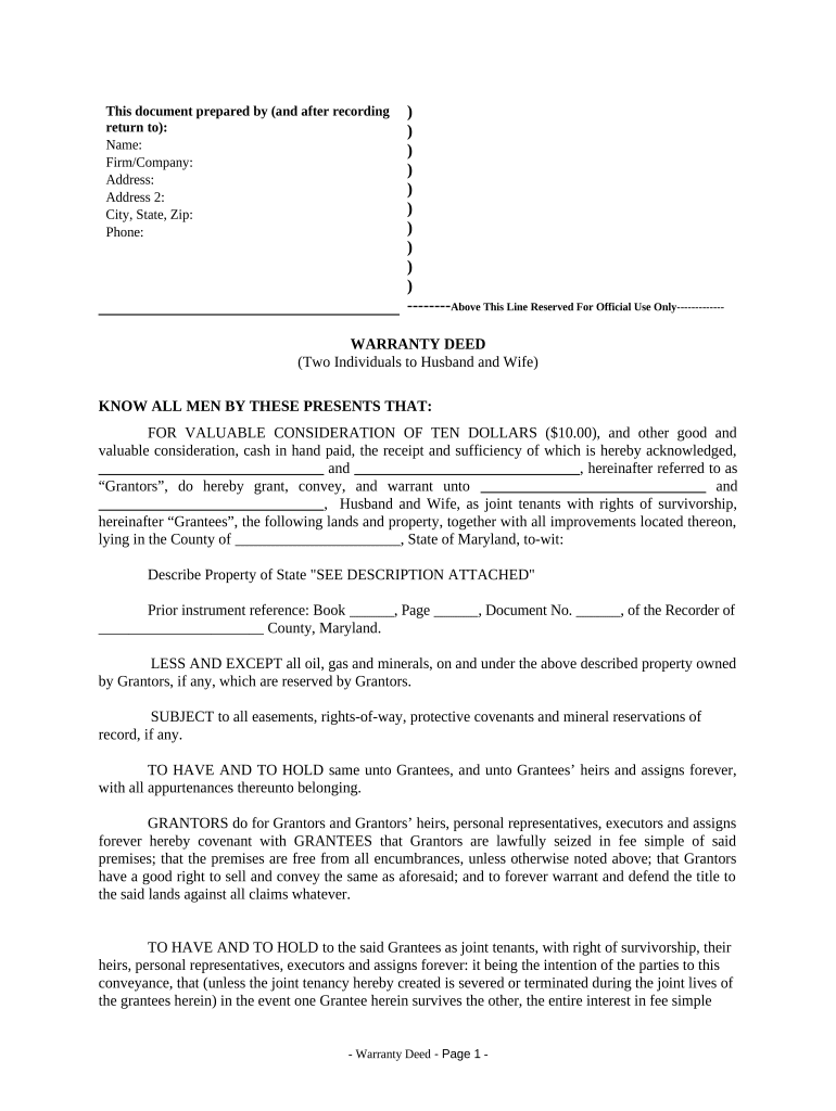 Warranty Deed from Two Individuals to Husband and Wife Maryland  Form