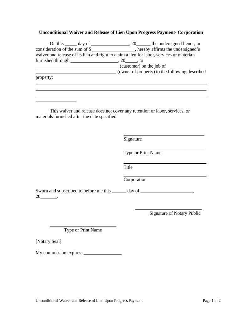 Unconditional Waiver and Release Upon Progress Payment Corporation or LLC Maryland  Form
