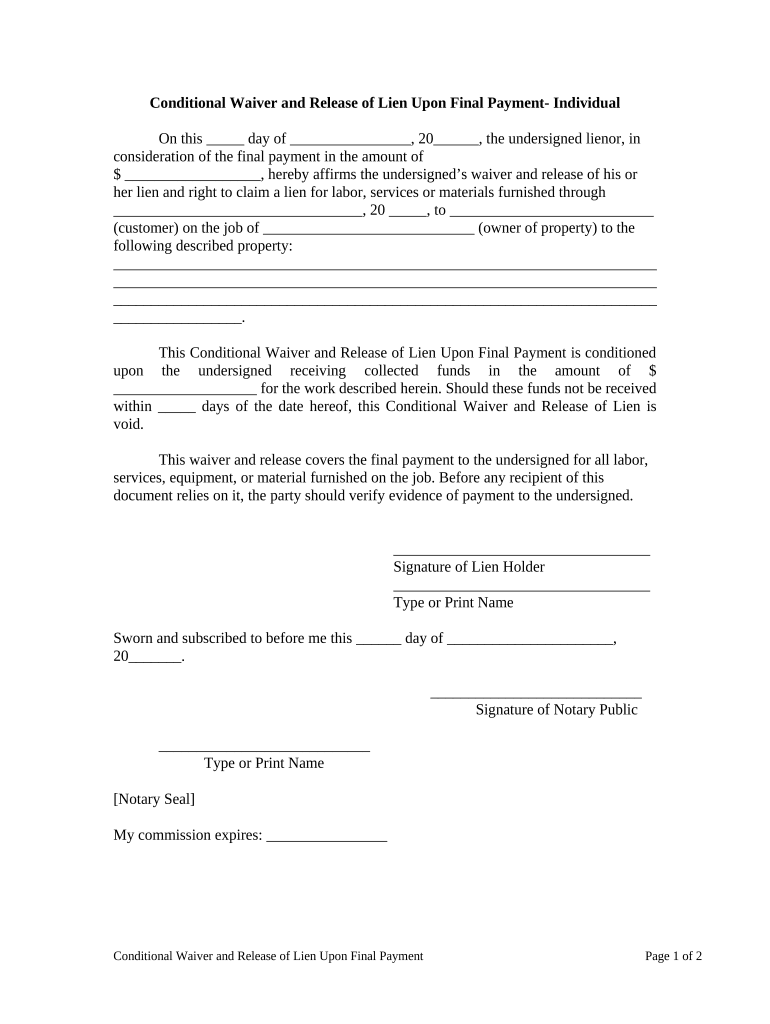 Conditional Waiver and Release Upon Final Payment Individual Maryland  Form