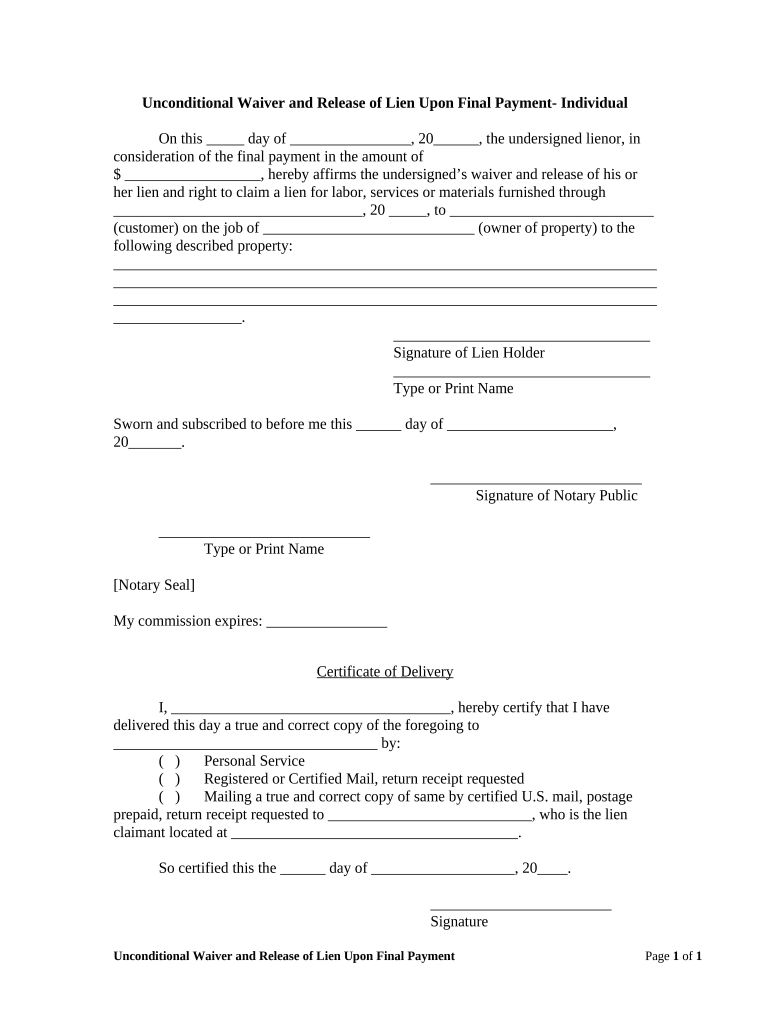 Unconditional Waiver and Release Upon Final Payment Individual Maryland  Form