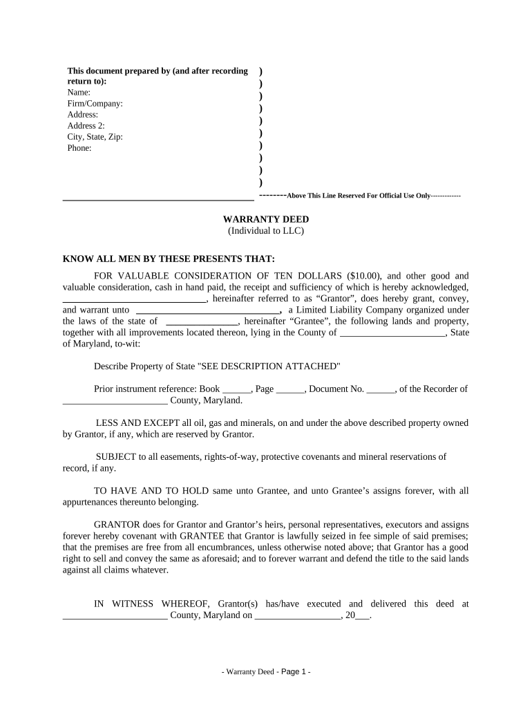 Warranty Deed from Individual to LLC Maryland  Form