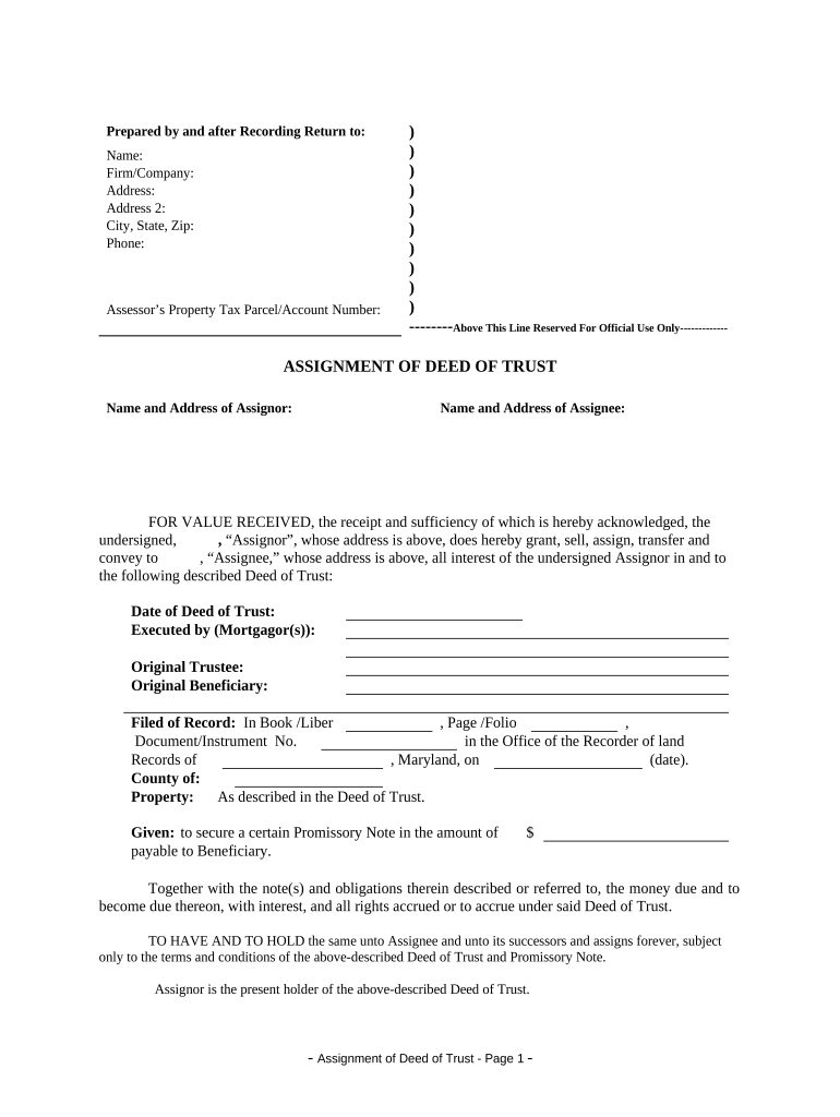 Assignment of Deed of Trust by Individual Mortgage Holder Maryland  Form