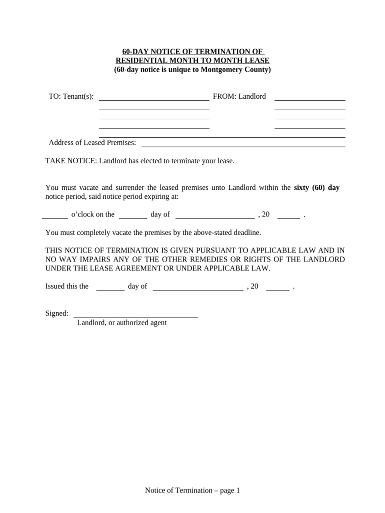 60 Day Notice to Terminate Month to Month Lease Montgomery County Only Residential from Landlord to Tenant Maryland  Form