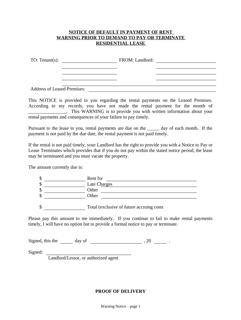 Notice of Default in Payment of Rent as Warning Prior to Demand to Pay or Terminate for Residential Property Maryland  Form